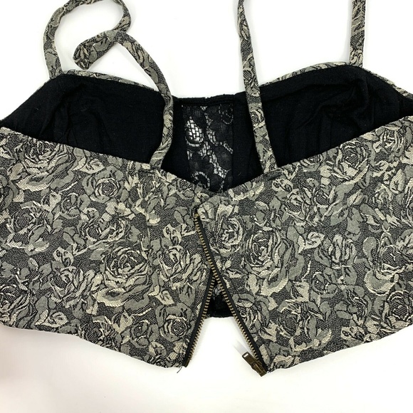 Urban Outfitters Pins & Needles Top Women Medium Black Floral Cropped Jacquard - Picture 9 of 10